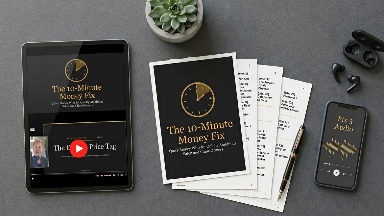 The 10-Minute Money Fix — flat lay of PDF and device showing video